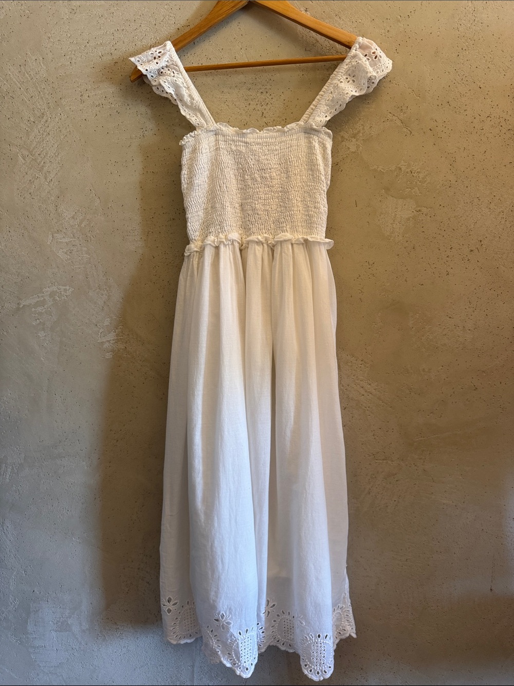 NATURAL LIFE cotton fully lined White Smocked ruffle Maxi Dress with Eyelet Trim